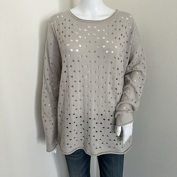 Lafayette 148 Women's Sweater Size M Gray Beige 100% Cashmere Perforated Scoop - Picture 1 of 7